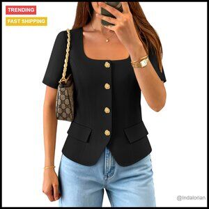 Square Neck Blazer Vest Crop Top Short Sleeve Vintage Chic Casual Work Blouse